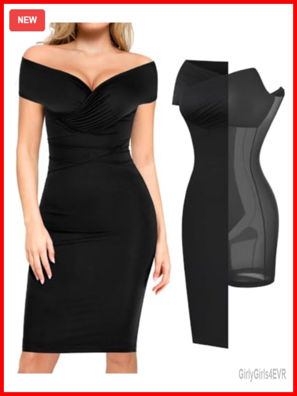 Popilush Shapewear Midi Dress Off Shoulder V Neck Bodycon Cocktail